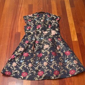 Chi Chi London Curve Elegant Navy Cocktail Dress with Pink & Gold Floral Design